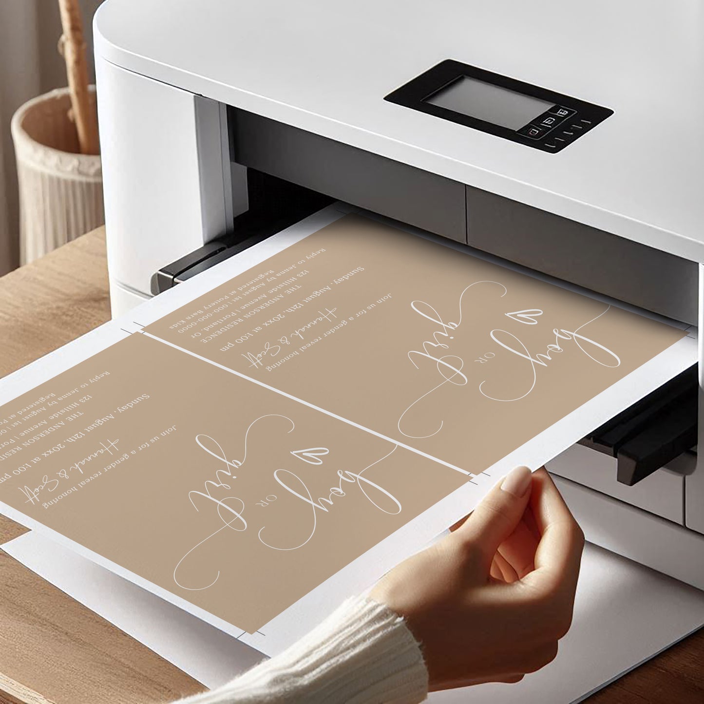 Gender reveal invitation with beige background and white script, editable online with Corjl | www.foreveryourprints.com