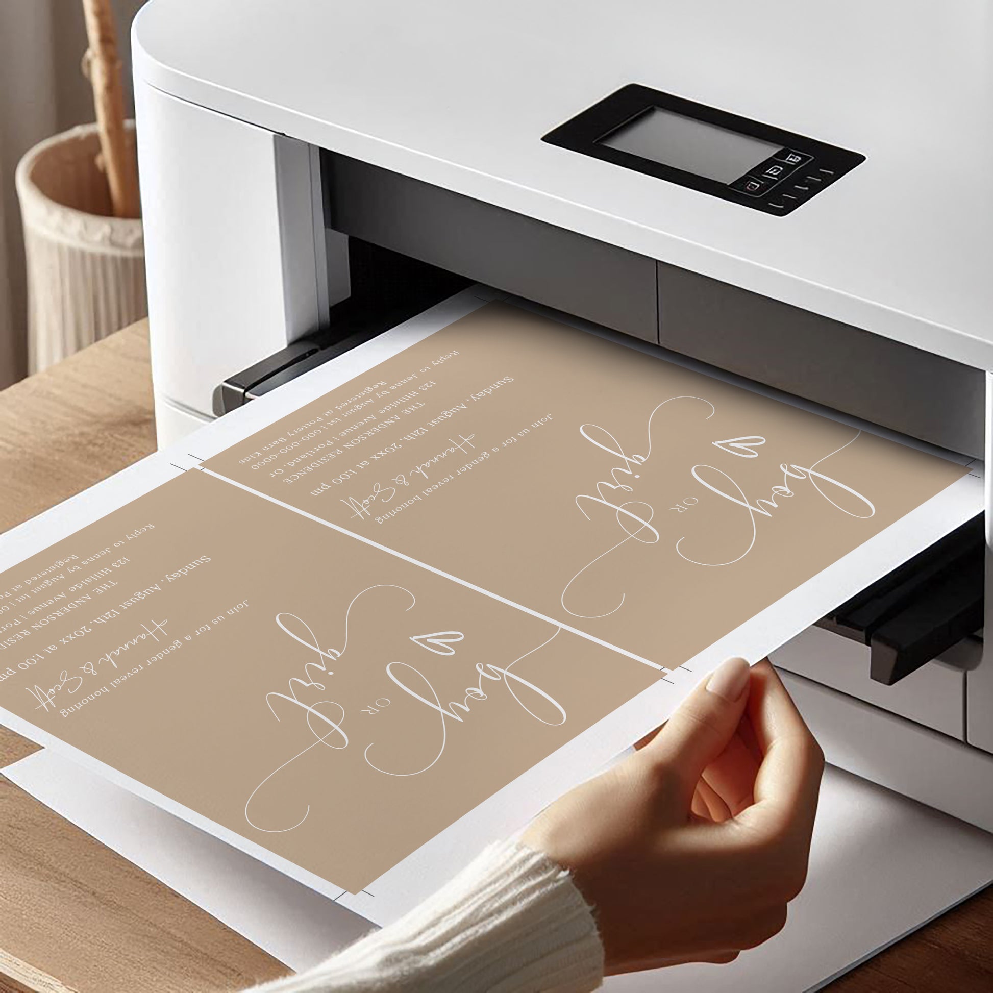 Gender reveal invitation with beige background and white script, editable online with Corjl | www.foreveryourprints.com