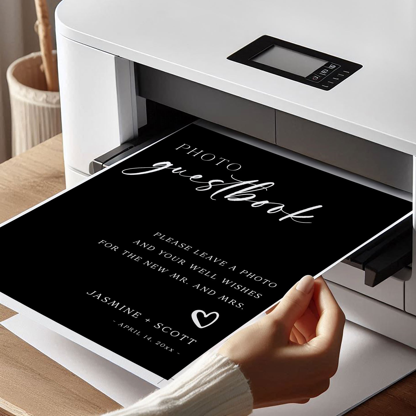 Black minimalist photo guestbook sign with elegant script and serif font, editable for wedding decor | www.foreveryourprints.com