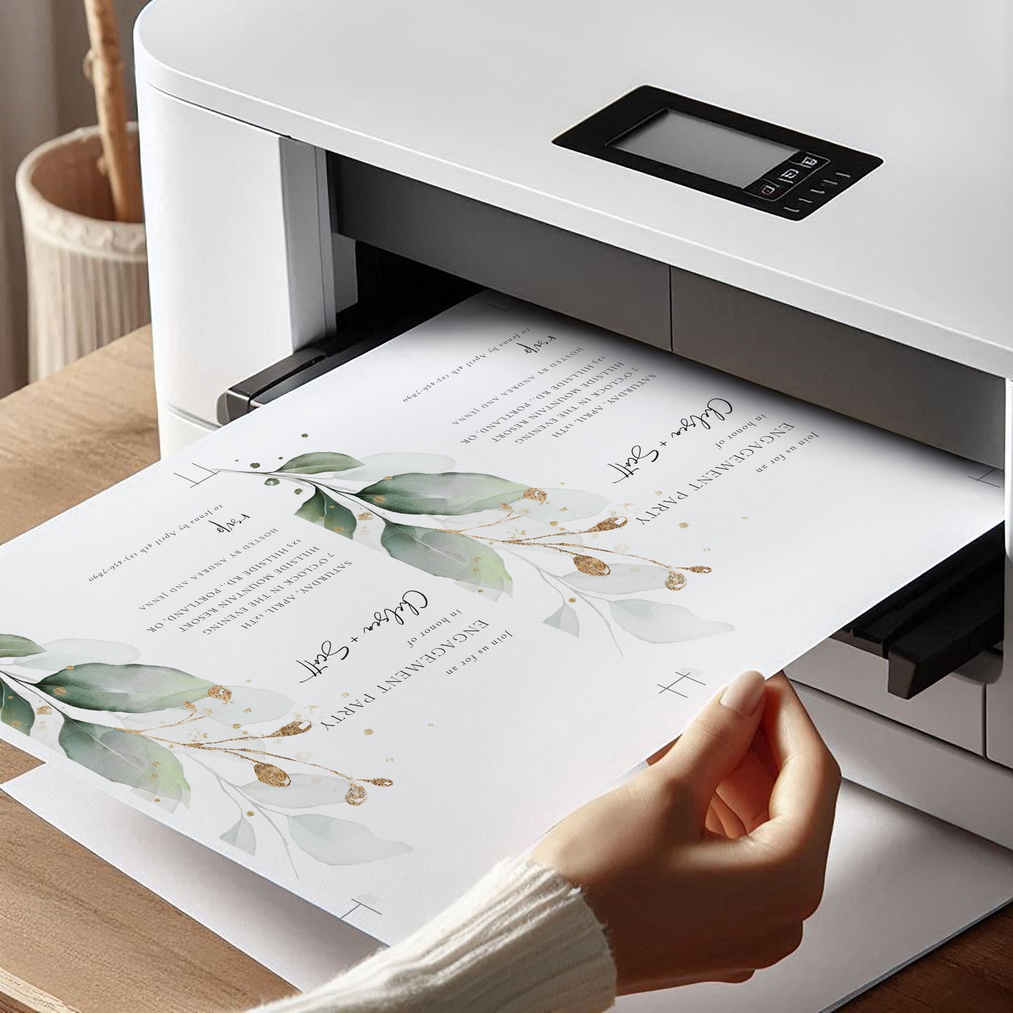 Engagement party invitation with watercolor greenery and gold accents, editable with Corjl | www.foreveryourprints.com