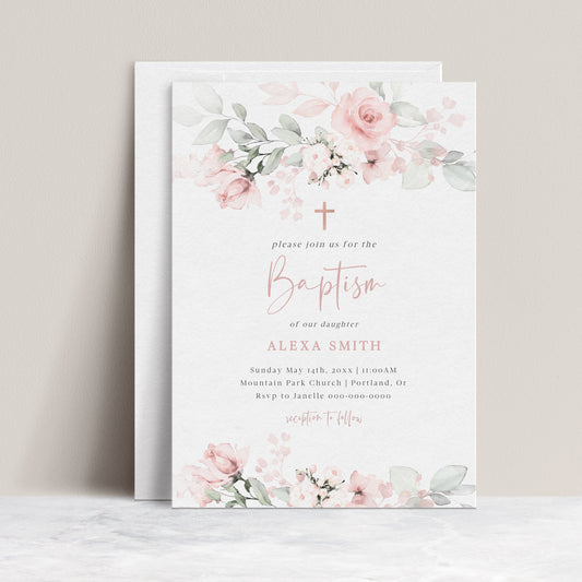 Editable baptism invitation with soft pink watercolor florals and delicate greenery, customized with Corjl | www.foreveryourprints.com
