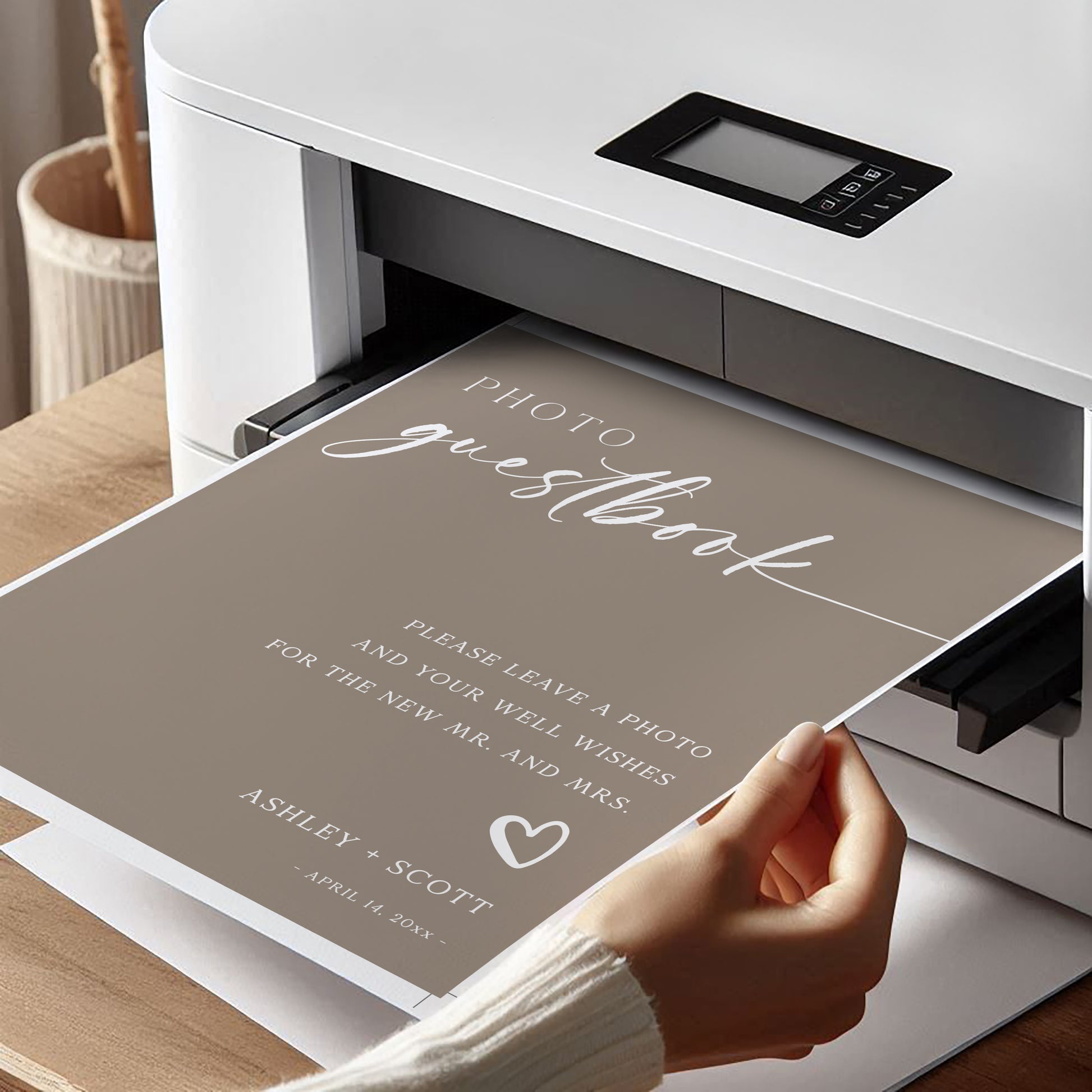 Photo guestbook sign with elegant white script on beige background, includes heart accent and space for couple’s names and date | Editable template via Corjl | www.foreveryourprints.com