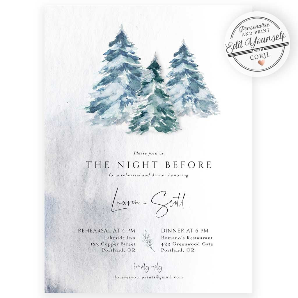 Winter Evergreens Rehearsal Dinner Invitation | www.foreveryourprints.com