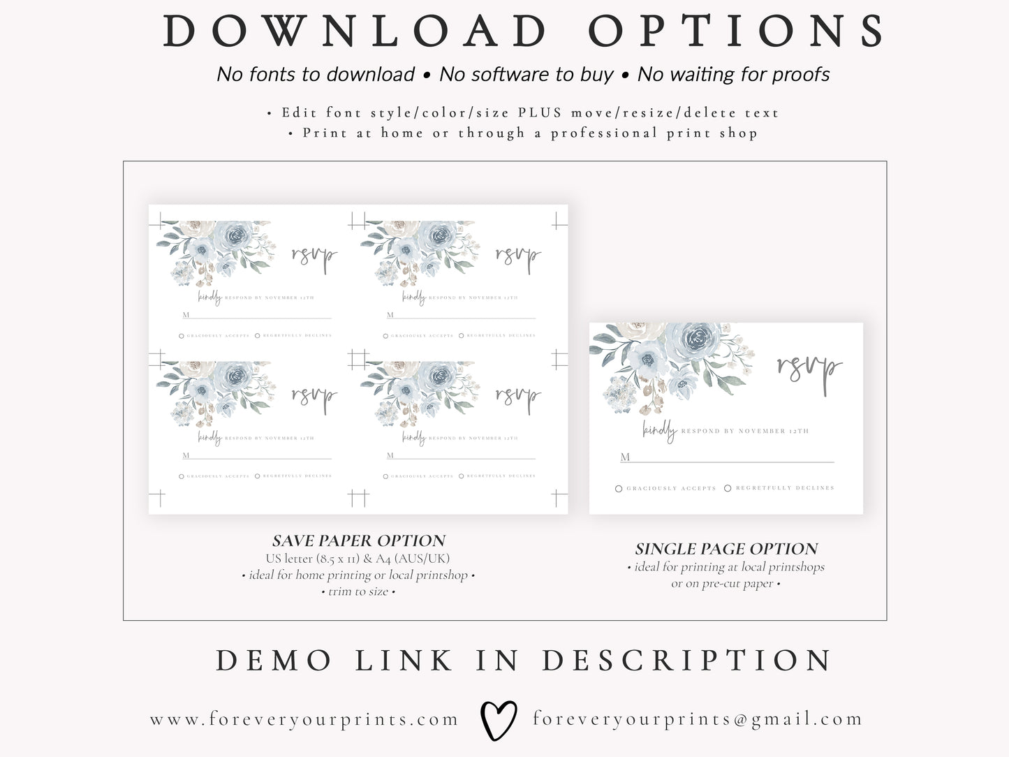 Dusty Blue Floral Wedding RSVP Reply Card | www.foreveryourprints.com