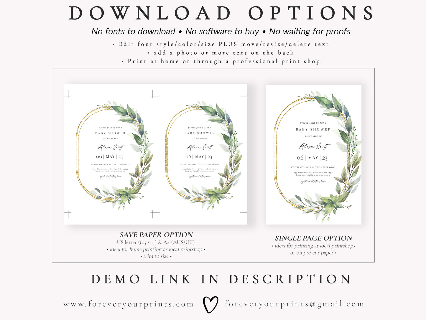 Elegant Greenery Baby Shower Invitation | www.foreveryourprints.com