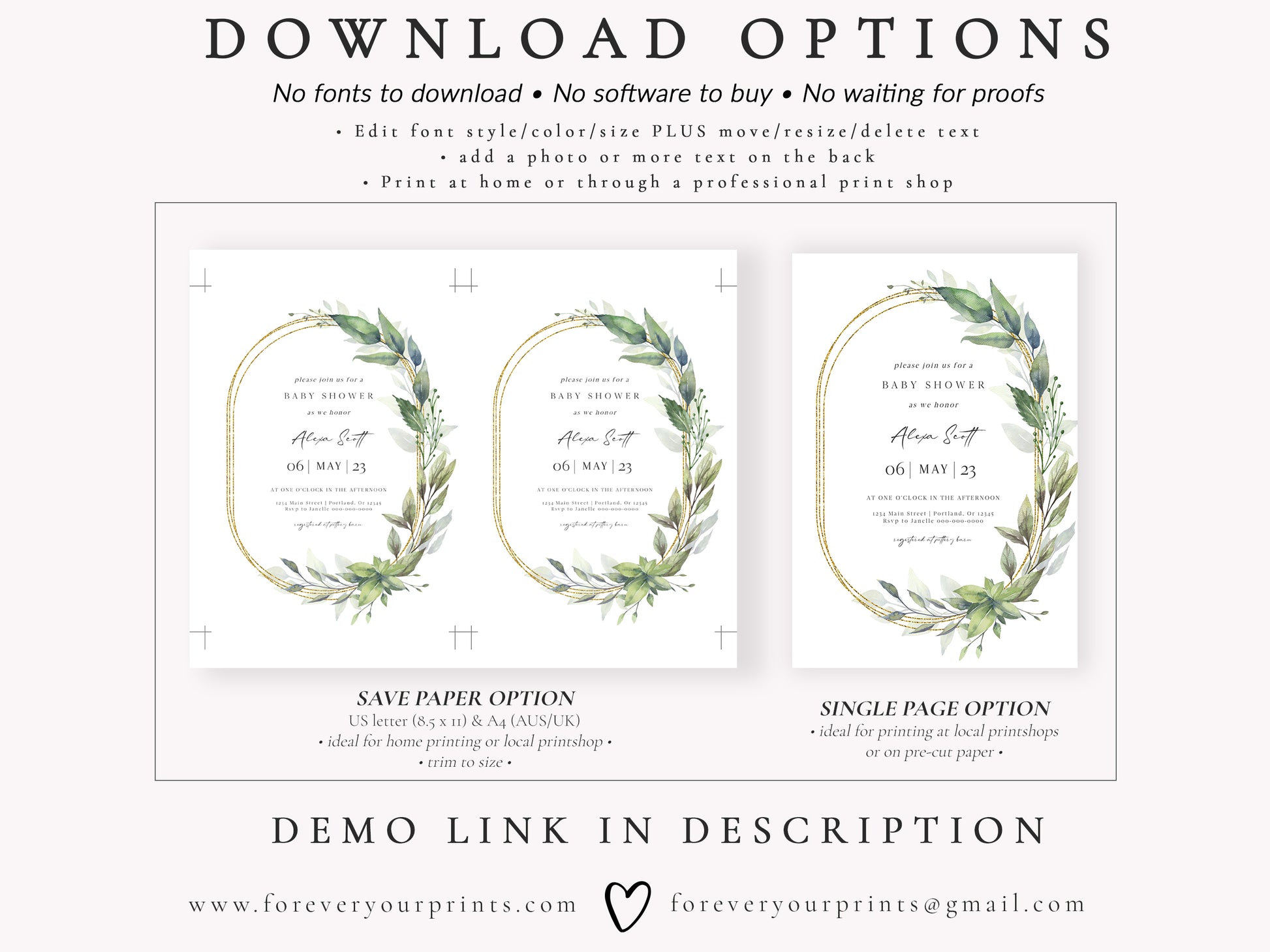 Elegant Greenery Baby Shower Invitation | www.foreveryourprints.com