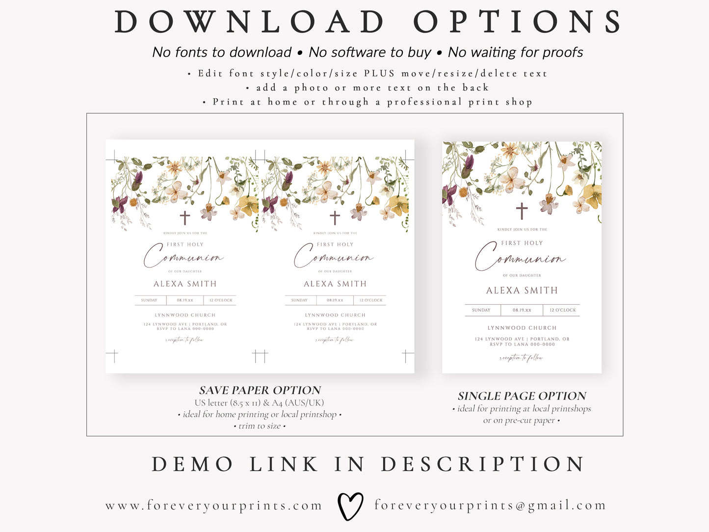 Wildflower First Holy Communion Invitation | www.foreveryourprints.com