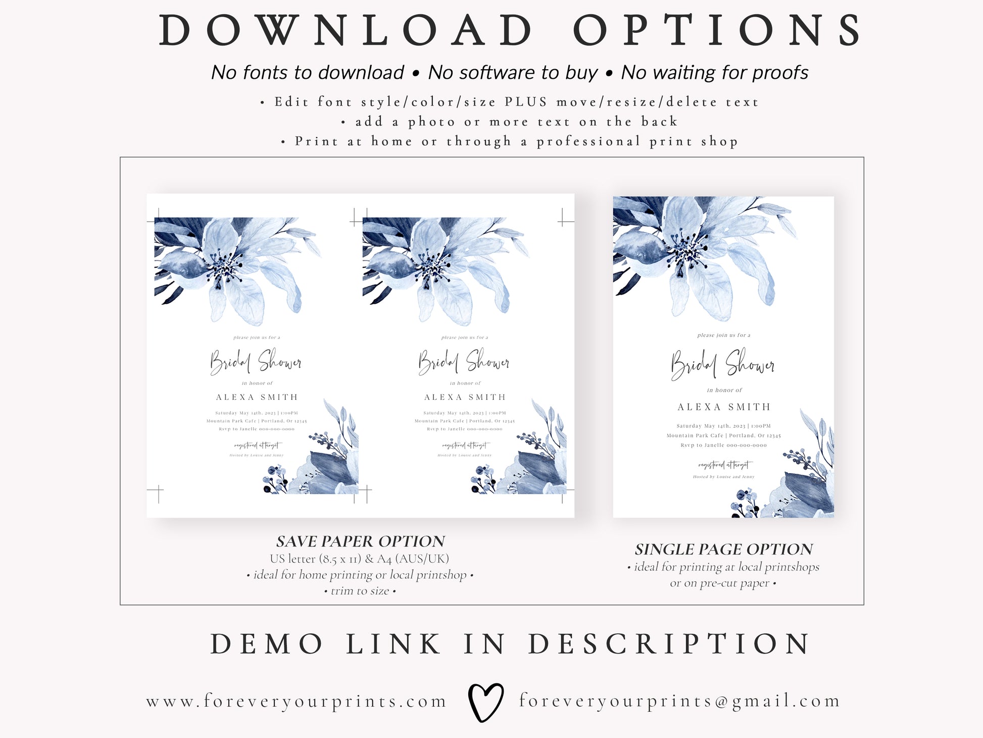 Blue Florals Bridal Shower Invitation | www.foreveryourprints.com