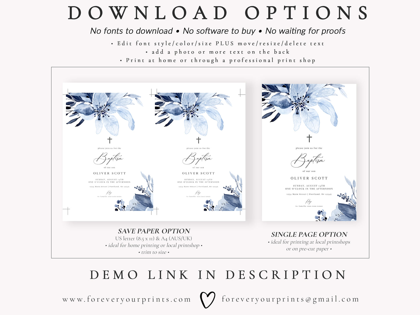 Blue Florals Baptism Invitation | www.foreveryourprints.com
