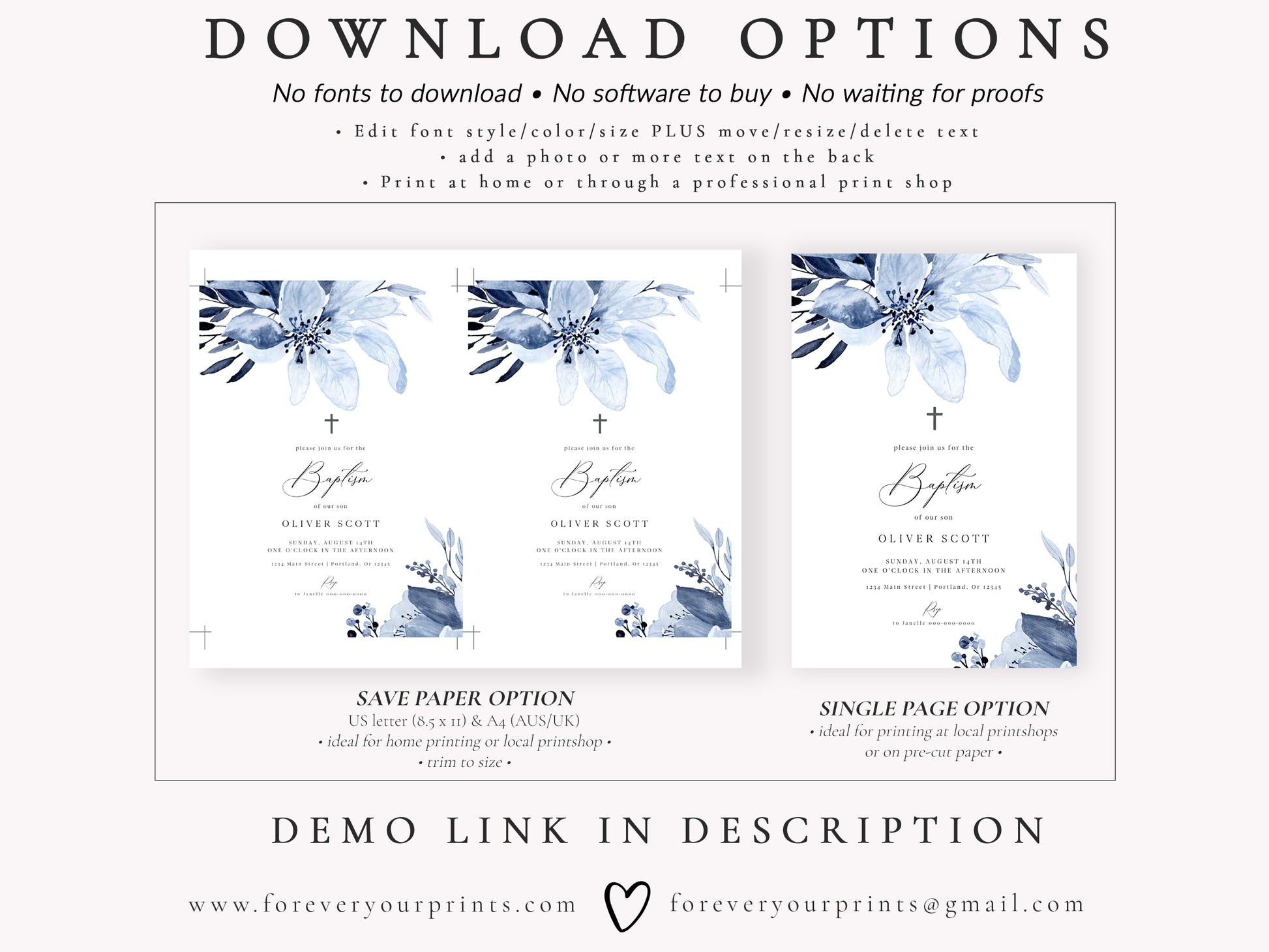 Blue Florals Baptism Invitation | www.foreveryourprints.com