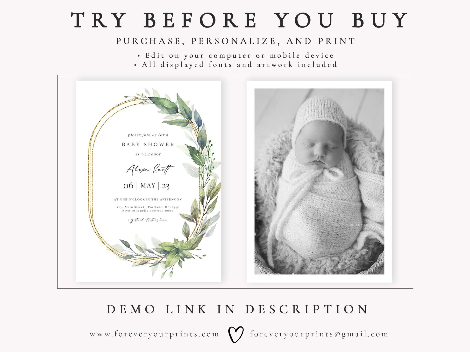 Elegant Greenery Baby Shower Invitation | www.foreveryourprints.com