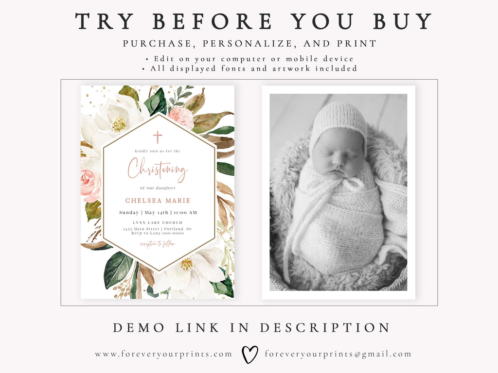 Magnolia Floral Christening Invitation | www.foreveryourprints.com