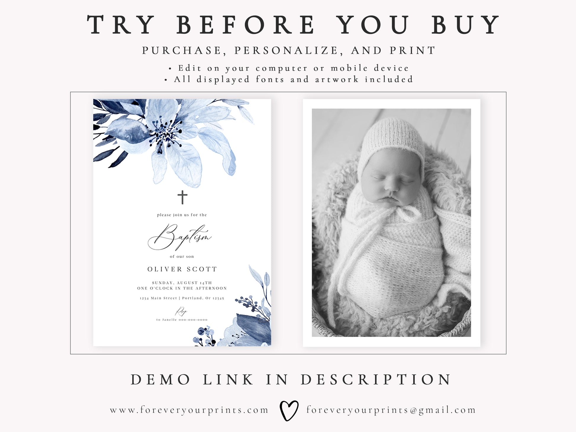 Blue Florals Baptism Invitation | www.foreveryourprints.com