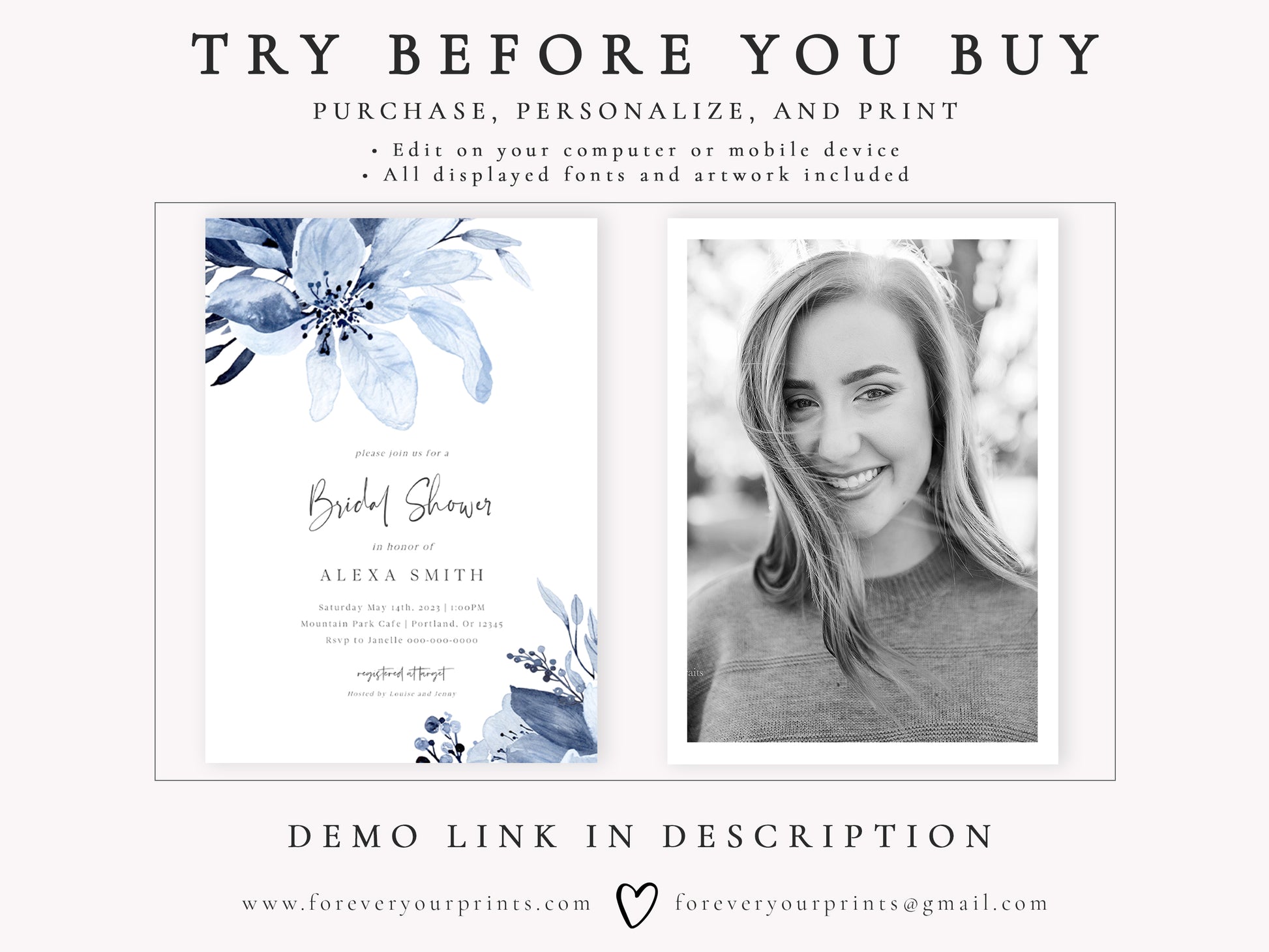 Blue Florals Bridal Shower Invitation | www.foreveryourprints.com