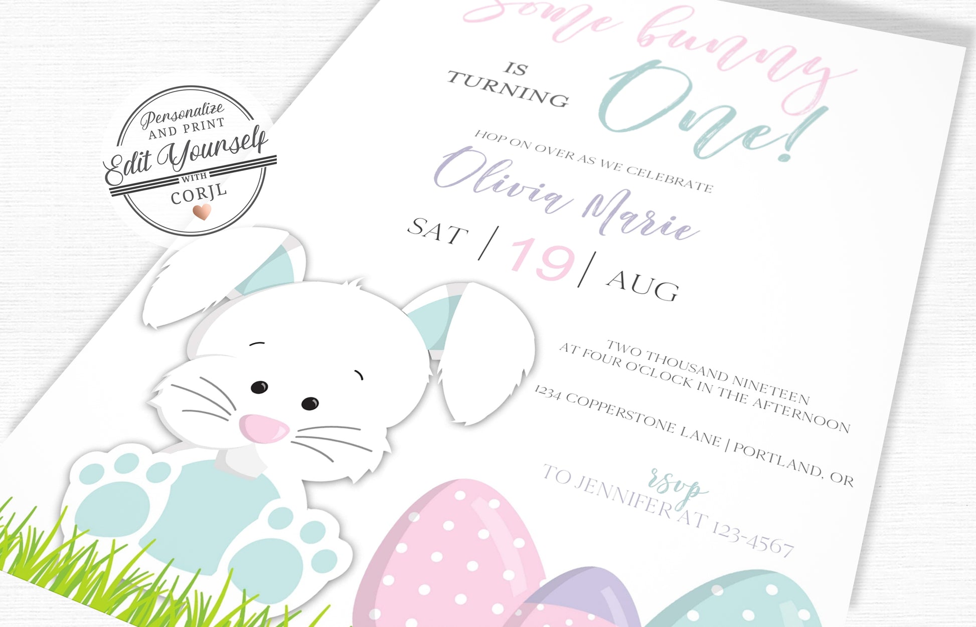 Bunny First Birthday Invitation | www.foreveryourprints.com