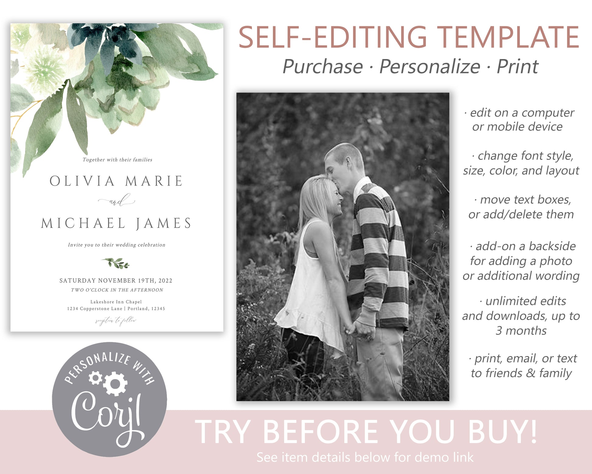 Greenery Florals Wedding Invitation | www.foreveryourprints.com