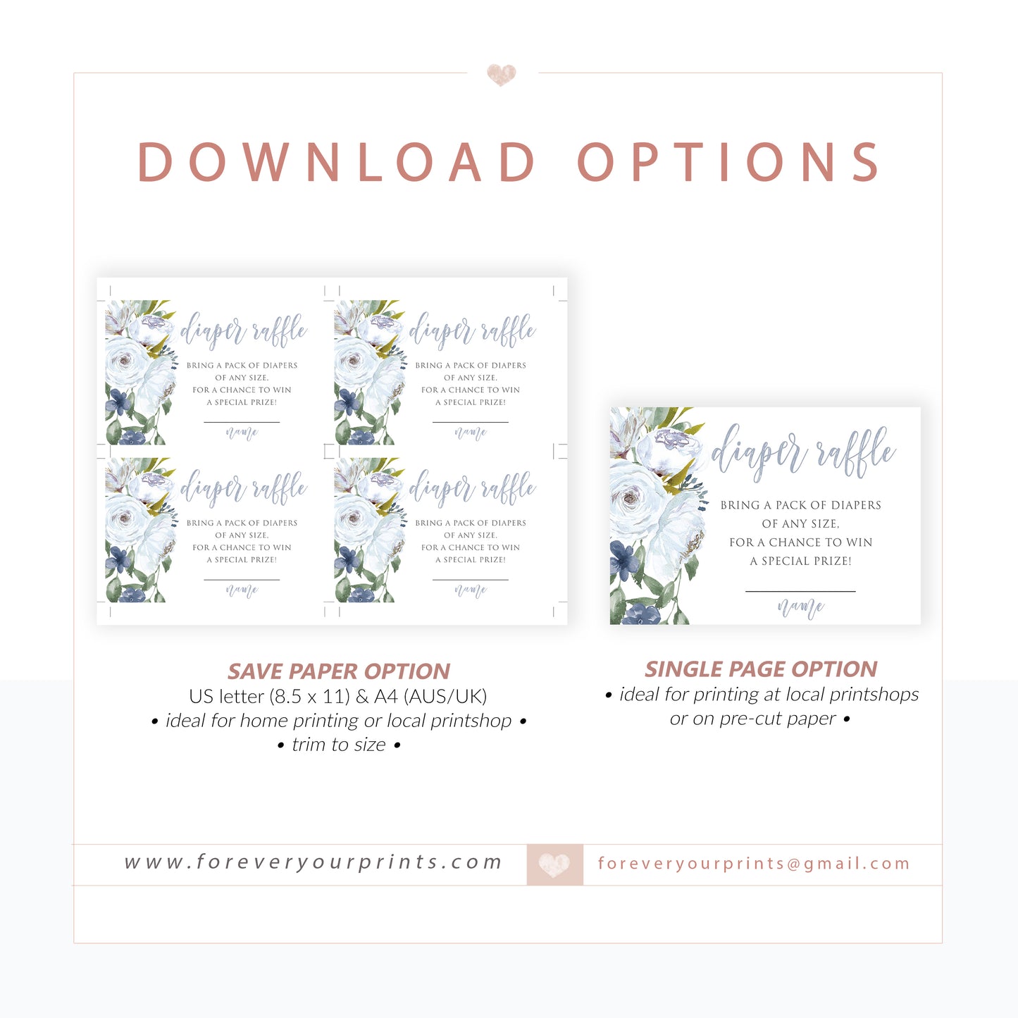 Blue Florals Diaper Raffle Card | www.foreveryourprints.com