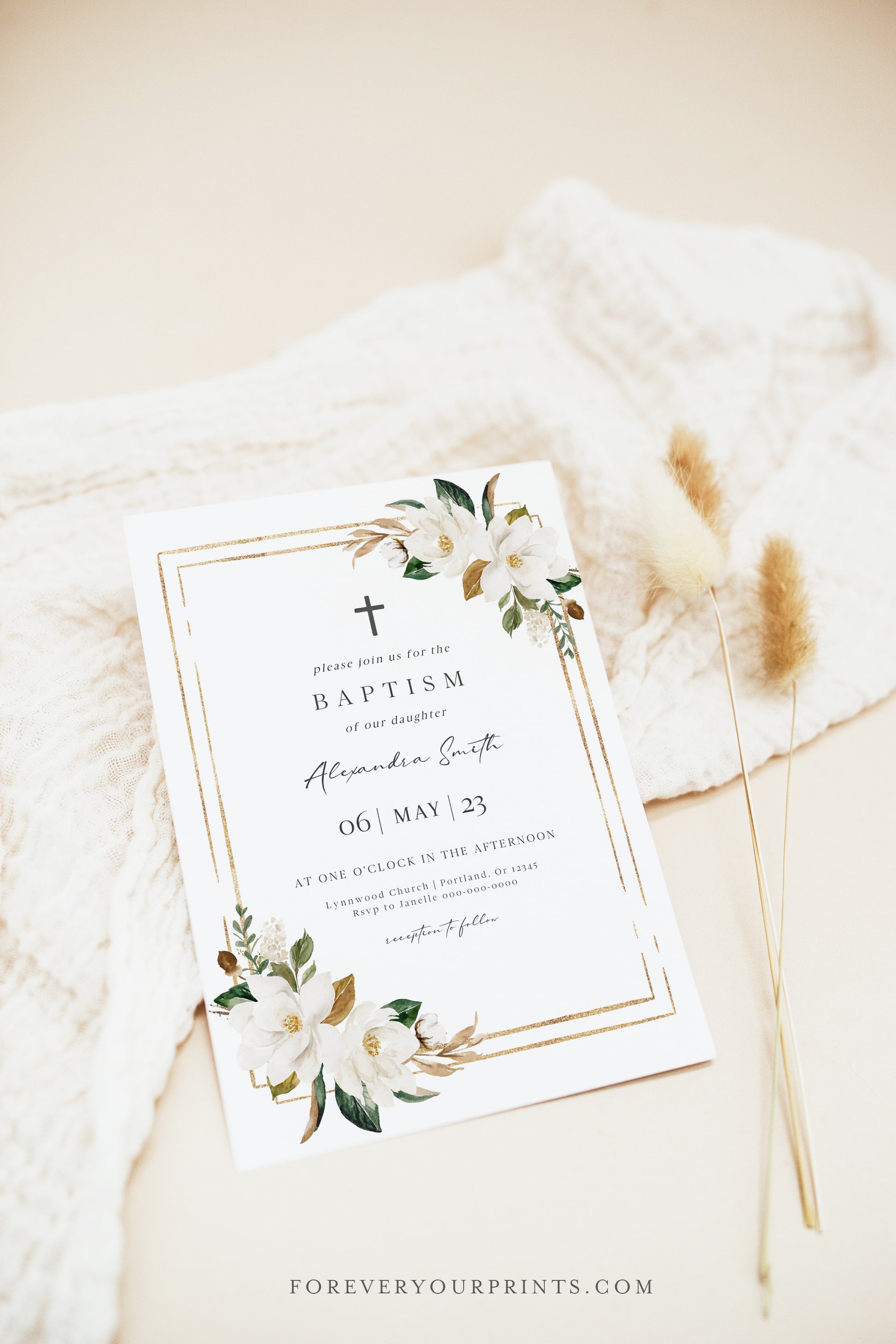 Classic Floral Baptism Invitation | www.foreveryourprints.com