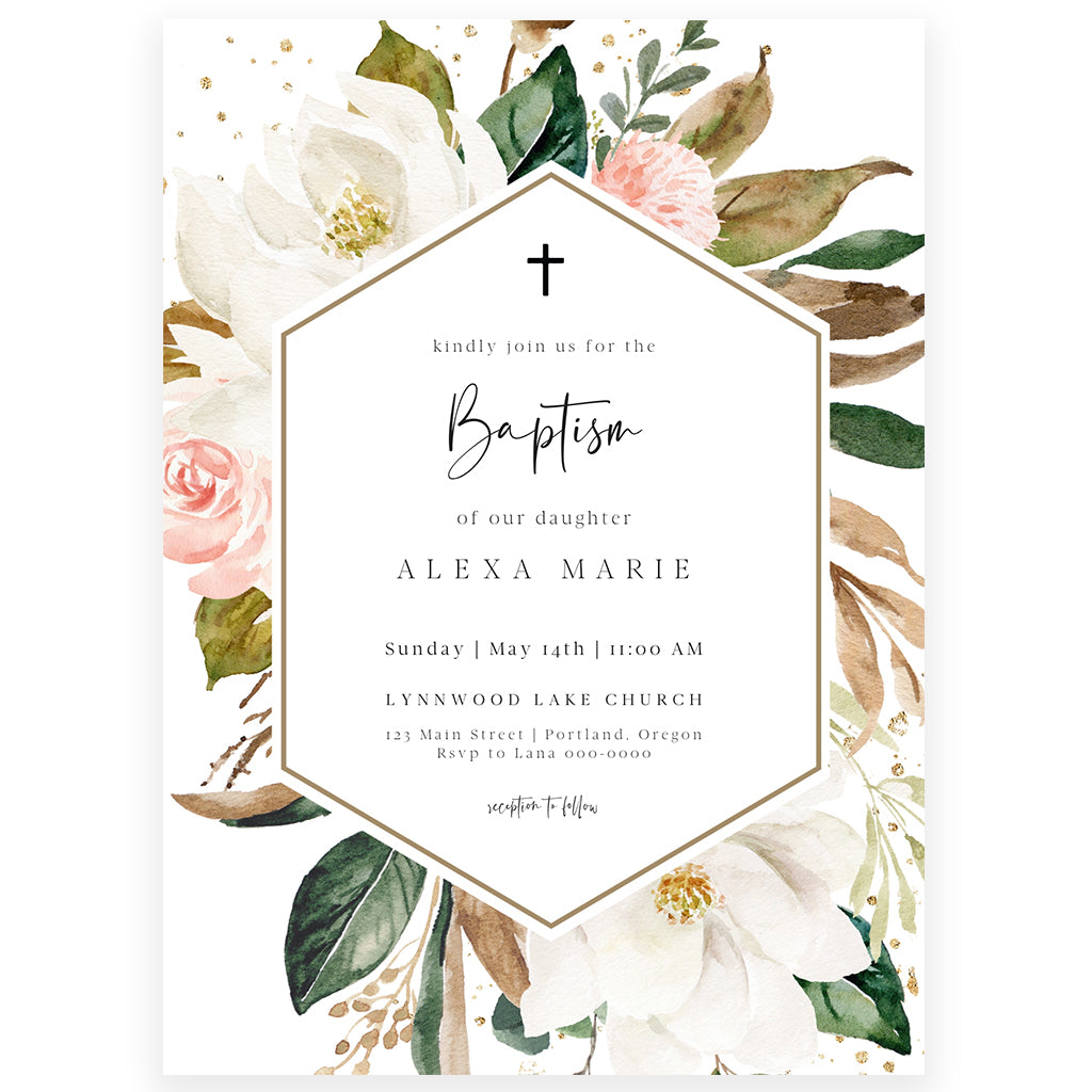 Magnolia Floral Baptism Invitation | www.foreveryourprints.com