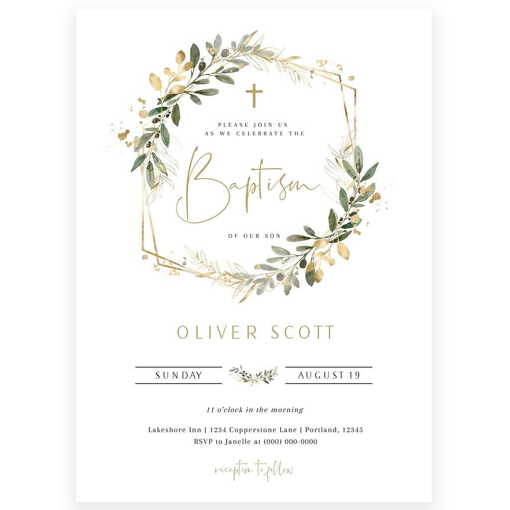 Greenery with Gold Baptism Invitation | www.foreveryourprints.com