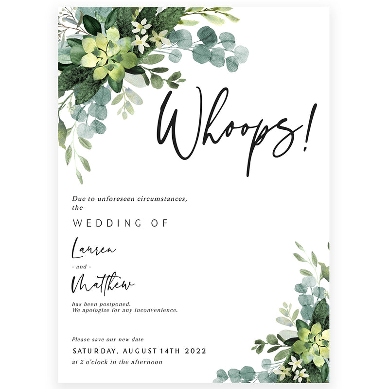 Eucalyptus Wedding Postponement Announcement | www.foreveryourprints.com