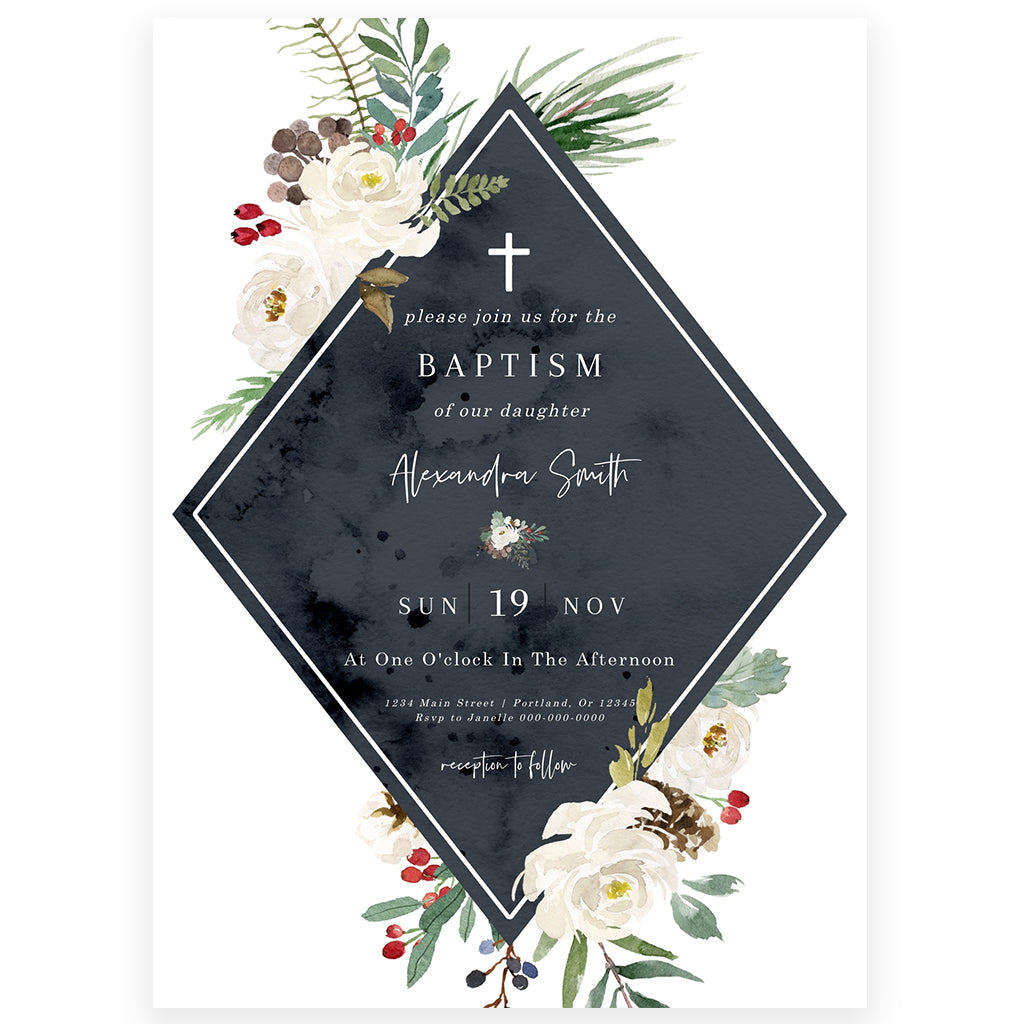 Winter Florals Baptism Invitation | www.foreveryourprints.com