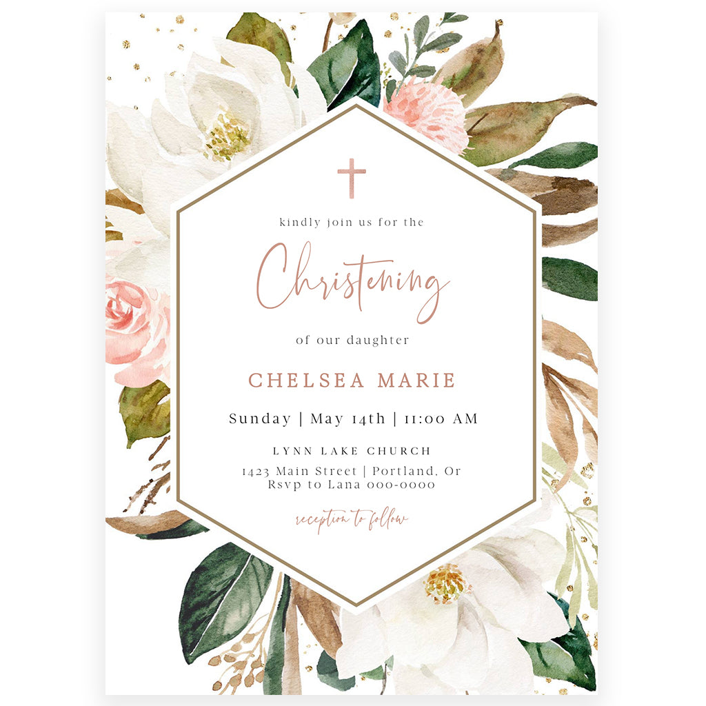 Magnolia Floral Christening Invitation | www.foreveryourprints.com