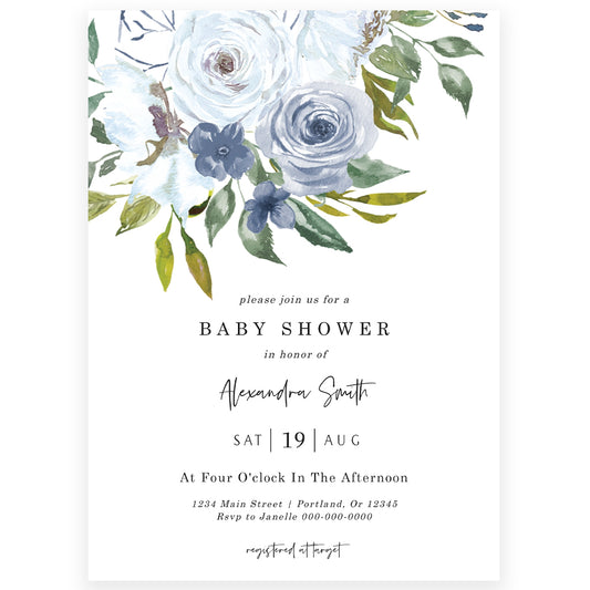 Blue Florals Baby Shower Invitation | www.foreveryourprints.com