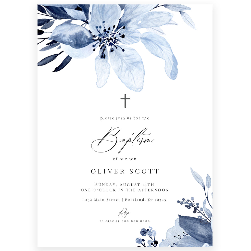 Blue Florals Baptism Invitation | www.foreveryourprints.com