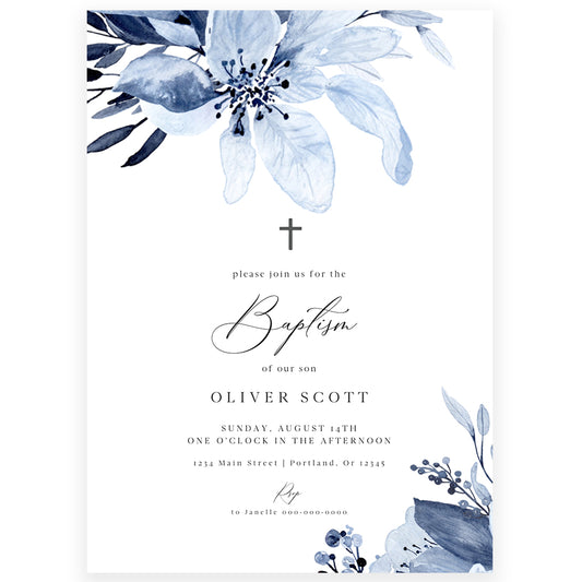 Blue Florals Baptism Invitation | www.foreveryourprints.com