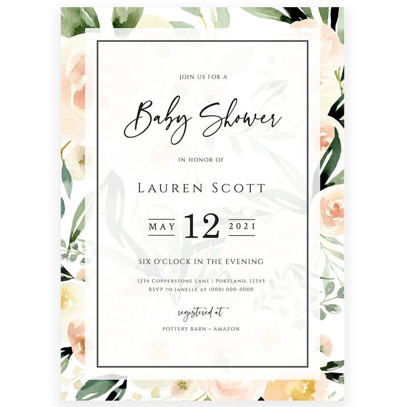 Peach Florals Baby Shower Invitation | www.foreveryourprints.com