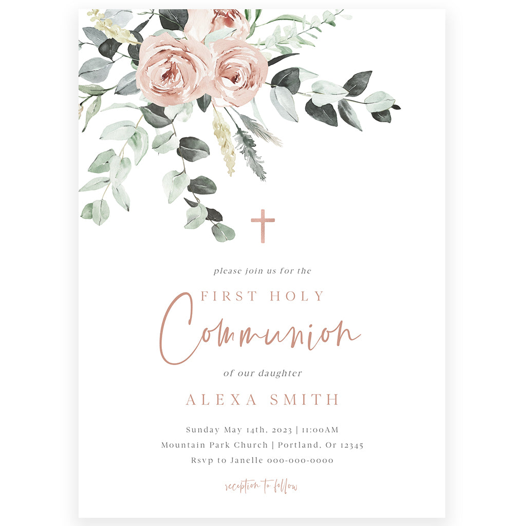 Floral First Holy Communion Invitation | www.foreveryourprints.com