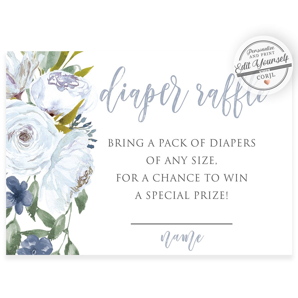 Blue Florals Diaper Raffle Card | www.foreveryourprints.com