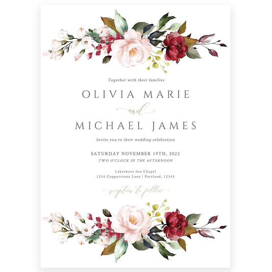 Burgundy Floral Wedding Invitation | www.foreveryourprints.com