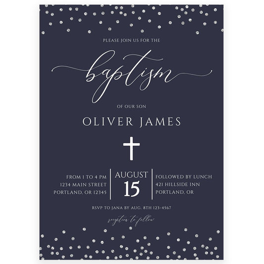 Navy and Silver Baptism Invitation | www.foreveryourprints.com