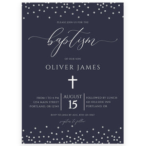 Navy and Silver Baptism Invitation | www.foreveryourprints.com