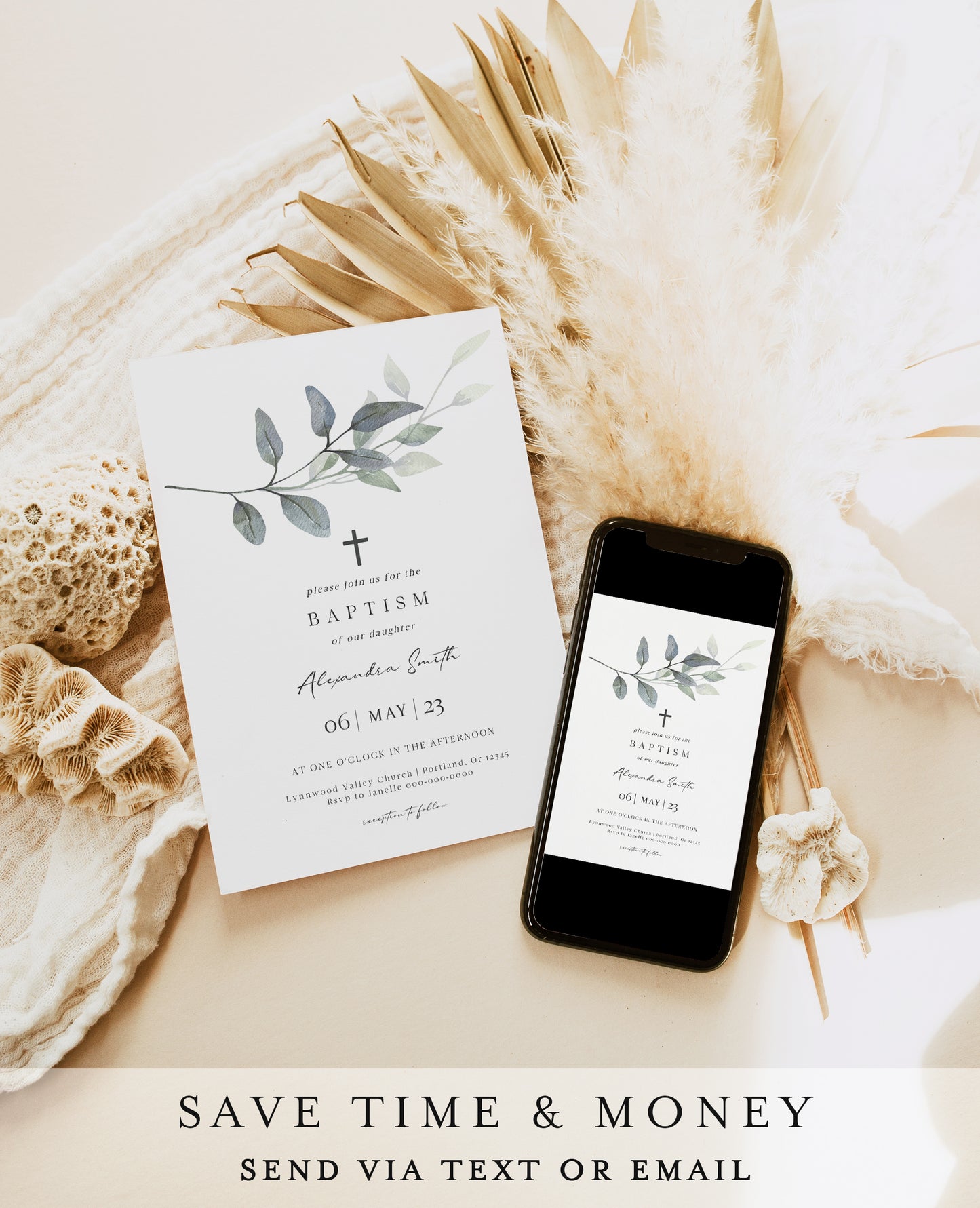 Eucalyptus Leaf Baptism Invitation | www.foreveryourprints.com