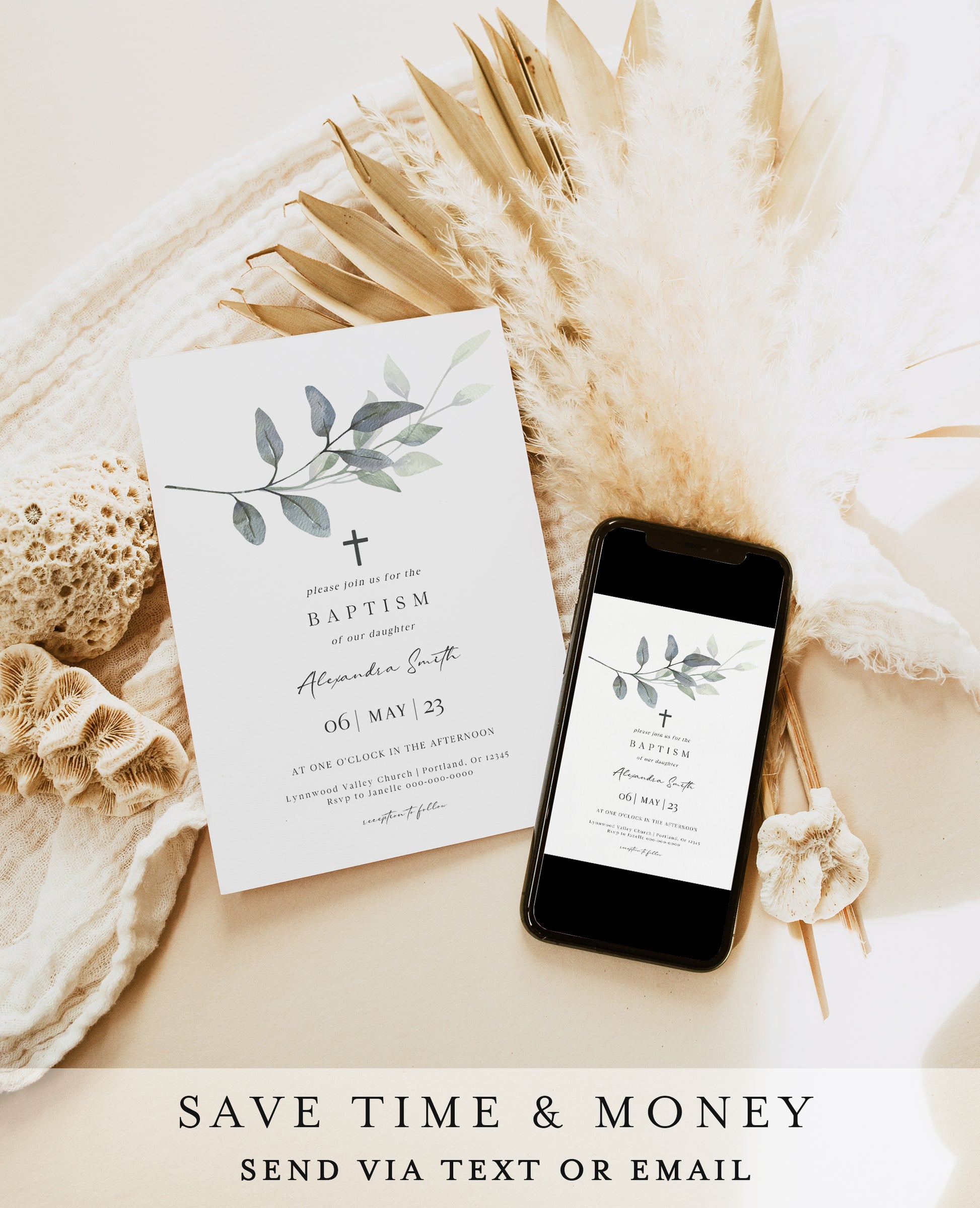 Eucalyptus Leaf Baptism Invitation | www.foreveryourprints.com