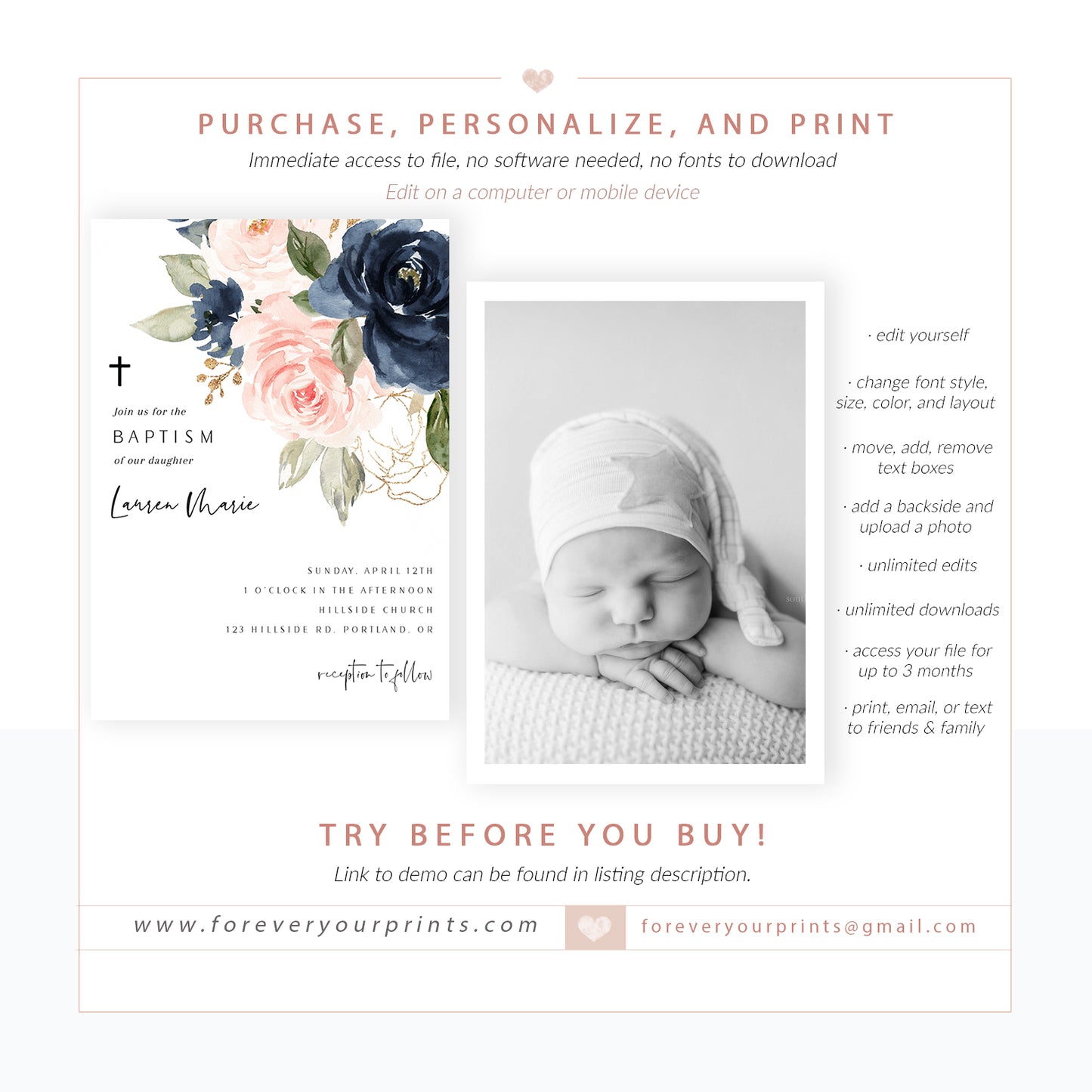 Floral Baptism Invitation | www.foreveryourprints.com
