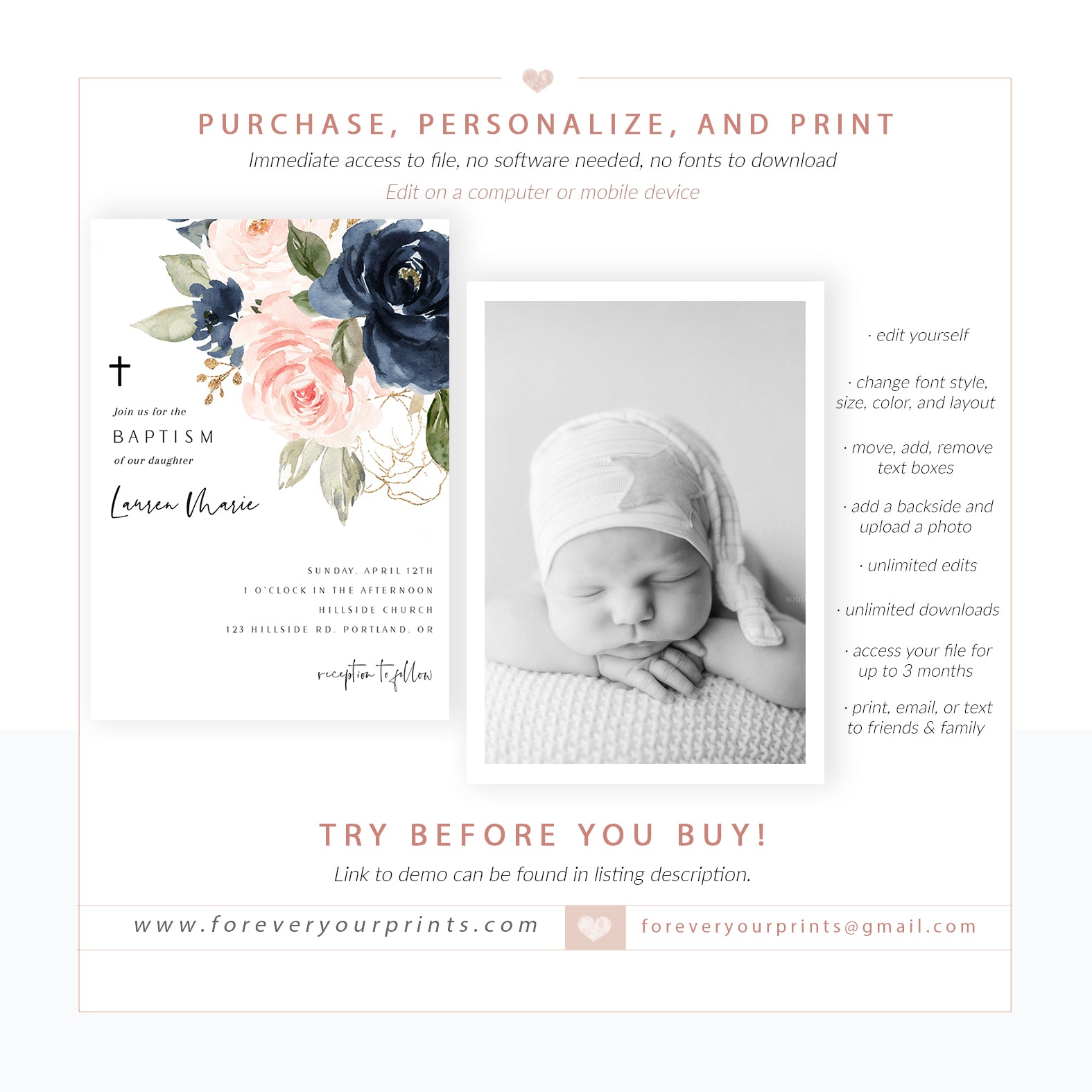Floral Baptism Invitation | www.foreveryourprints.com