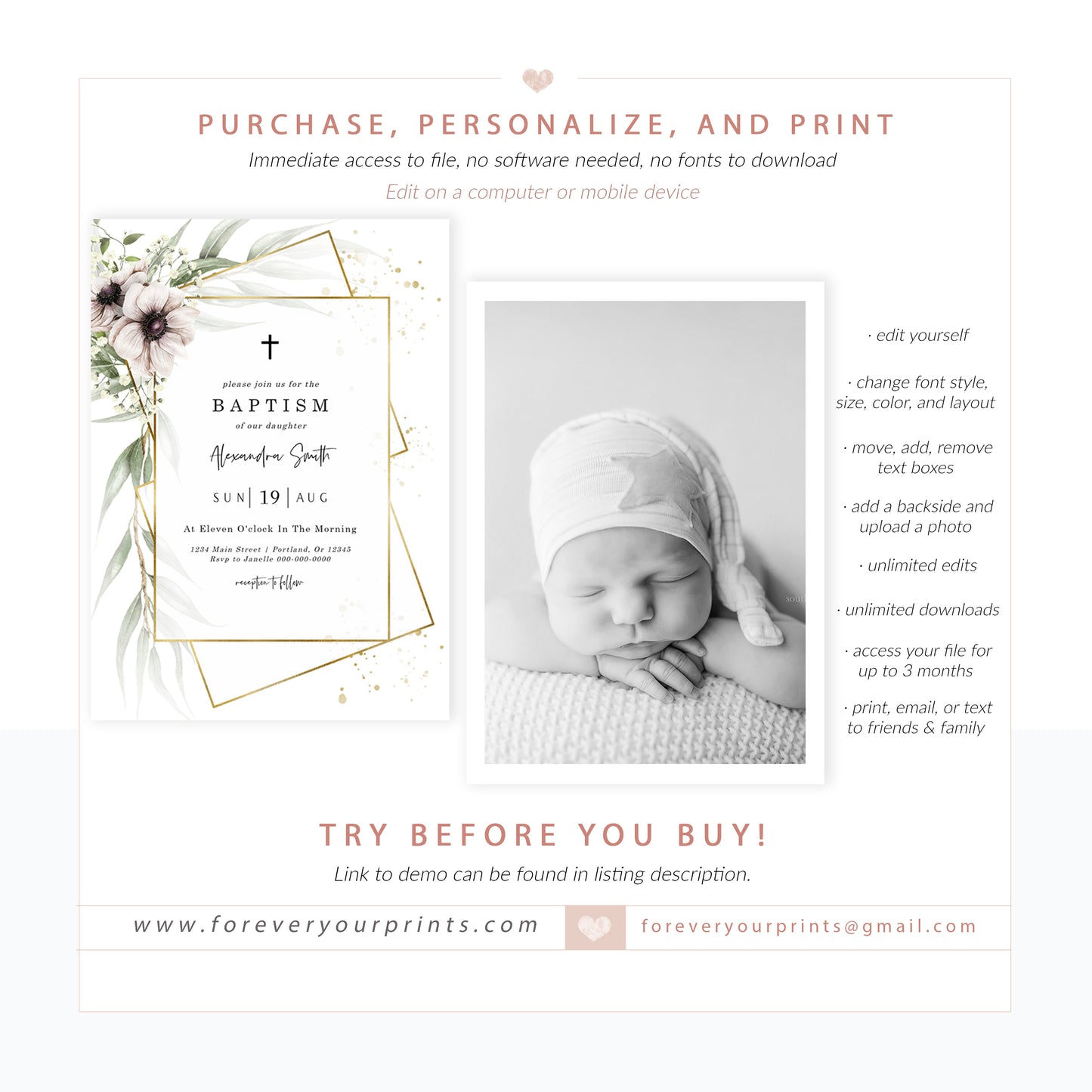 Anemone Florals Baptism Invitation | www.foreveryourprints.com