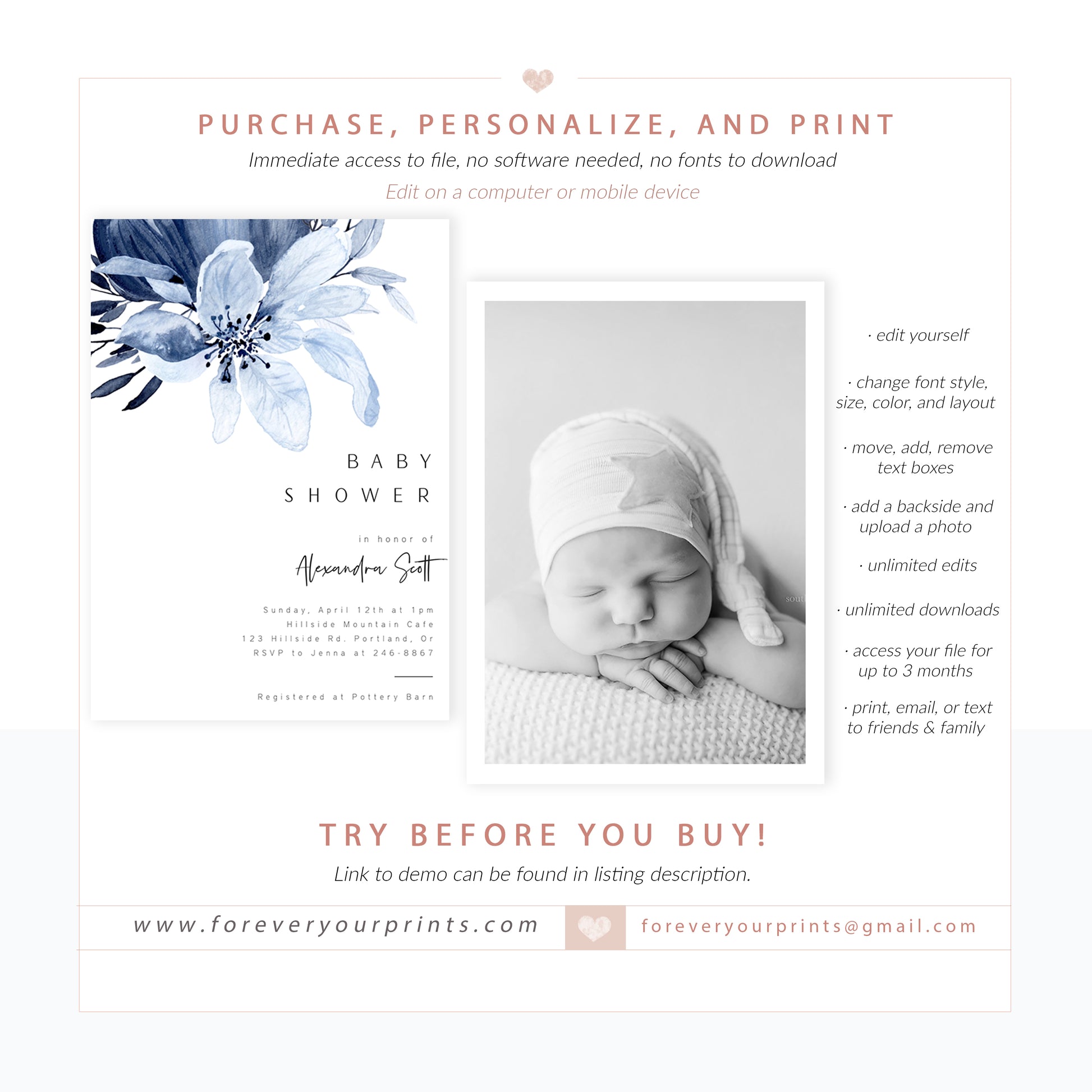 Blue Florals Baby Shower Invitation | www.foreveryourprints.com