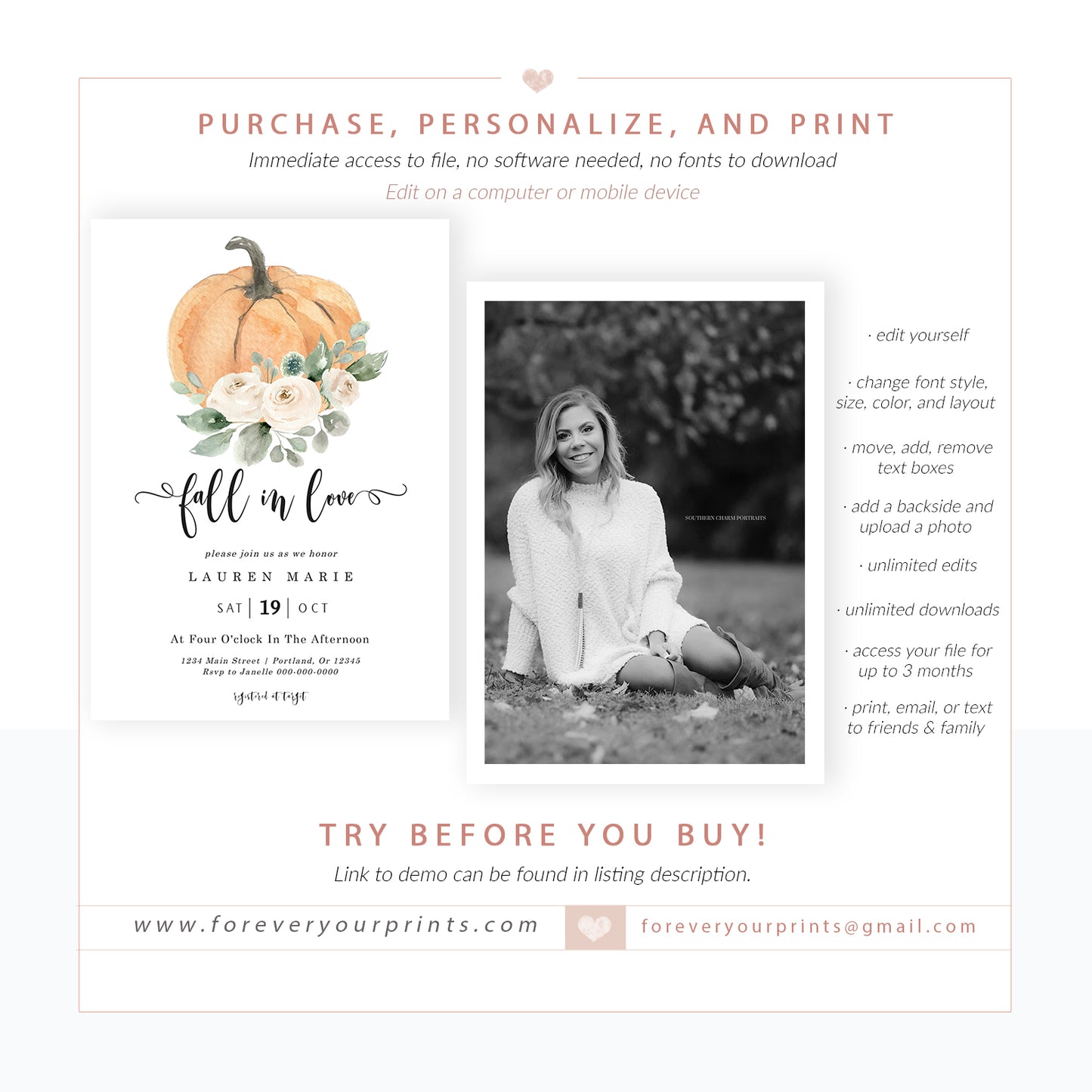 Fall Bridal Shower Invitation| www.foreveryourprints.com