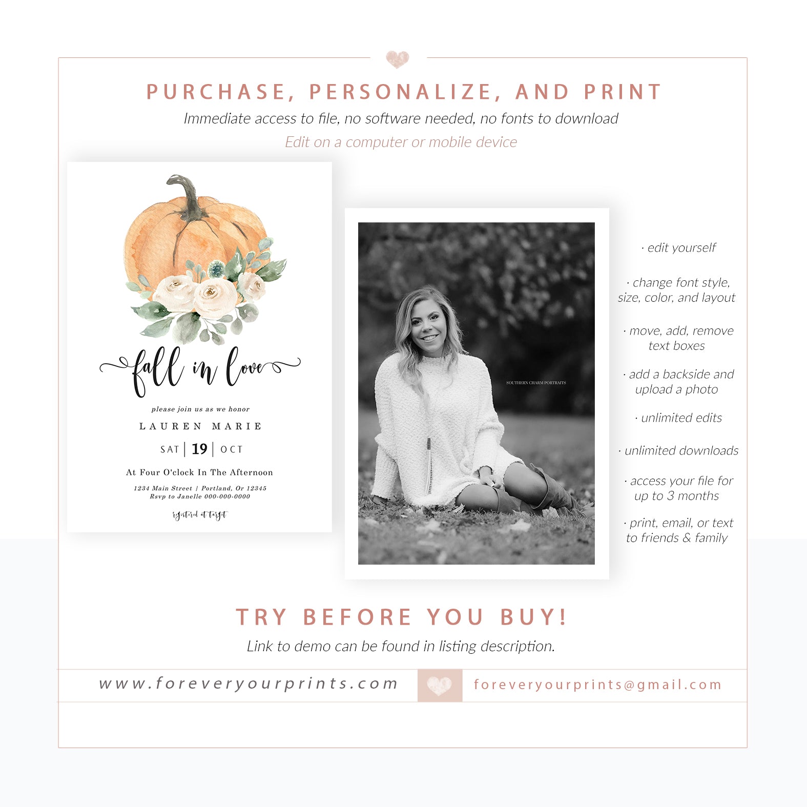 Fall Bridal Shower Invitation| www.foreveryourprints.com