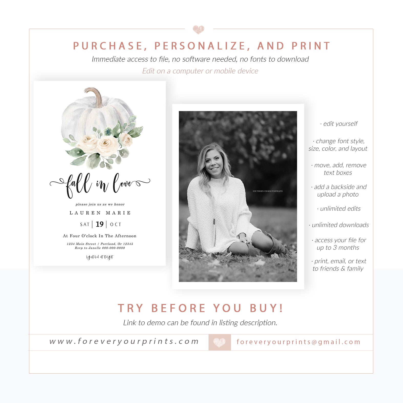 Fall Bridal Shower Invitation| www.foreveryourprints.com