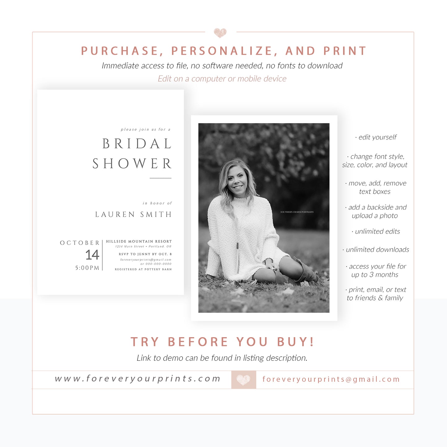 Minimalist Bridal Shower Invitation | www.foreveryourprints.com