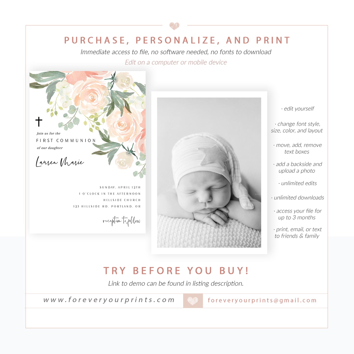 Floral First Communion Invitation