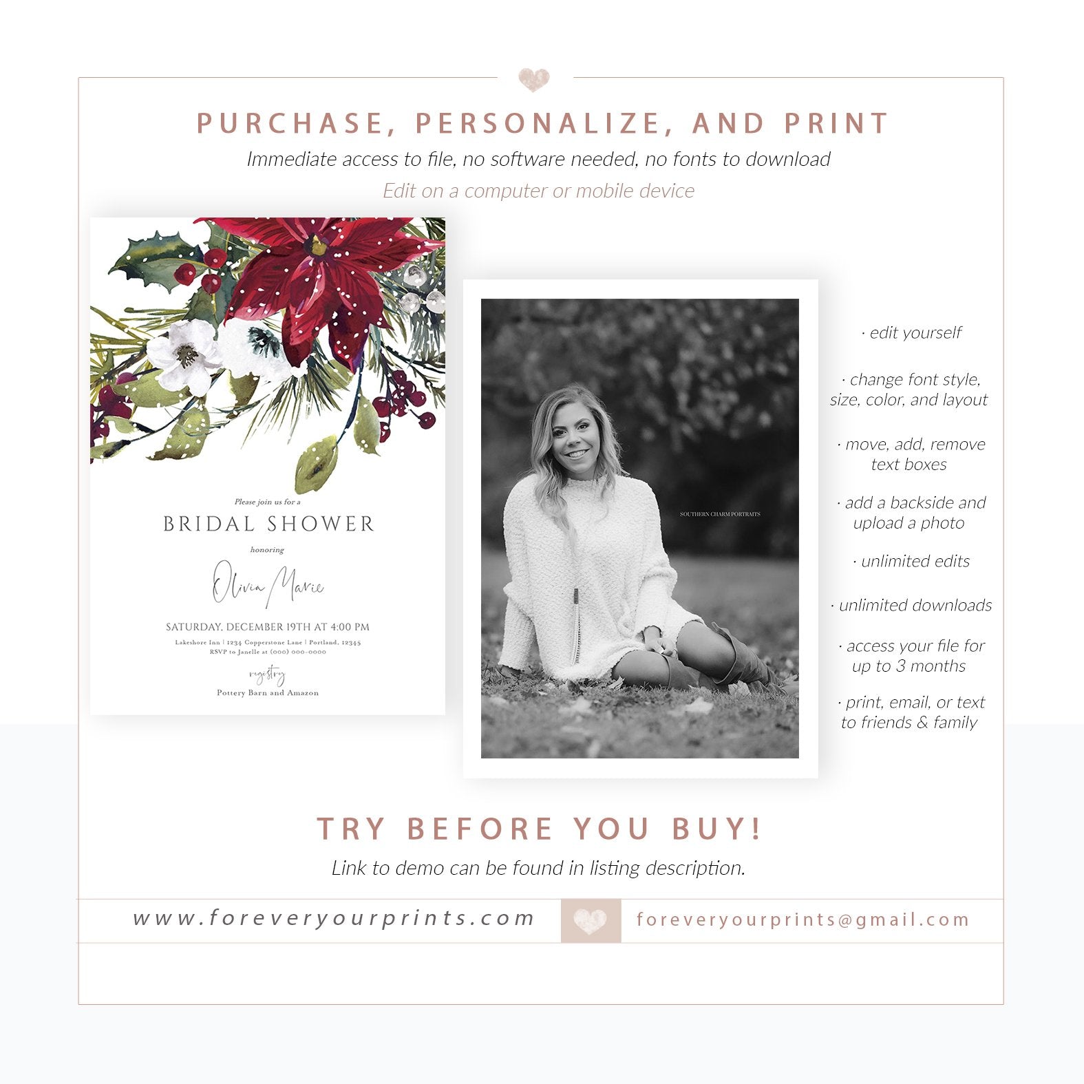 Winter Bridal Shower Invitation | www.foreveryourprints.com