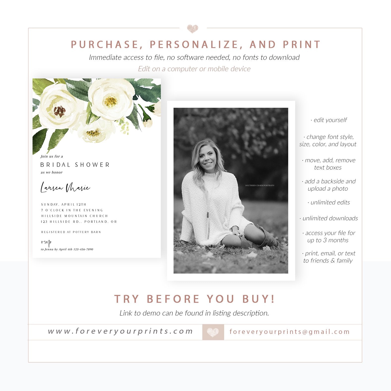 Greenery Bridal Shower Invitation | www.foreveryourprints.com