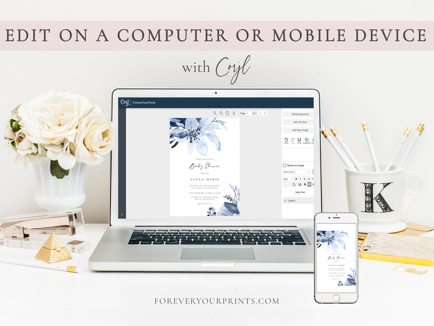 Blue Florals Baby Shower Invitation | www.foreveryourprints.com